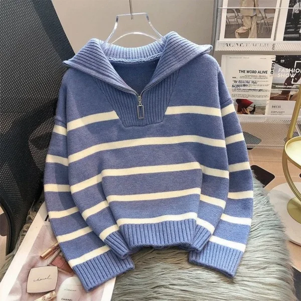 Pulôver feminino primavera e outono, estilo curto, com zíper, listrado e premium. - Imagem 4