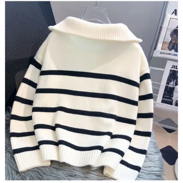 Pulôver feminino primavera e outono, estilo curto, com zíper, listrado e premium. - Imagem 3