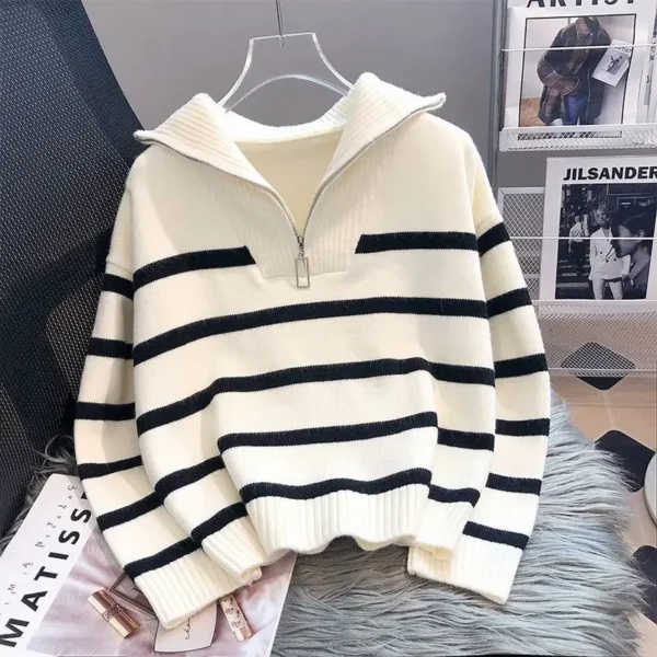 Pulôver feminino primavera e outono, estilo curto, com zíper, listrado e premium.