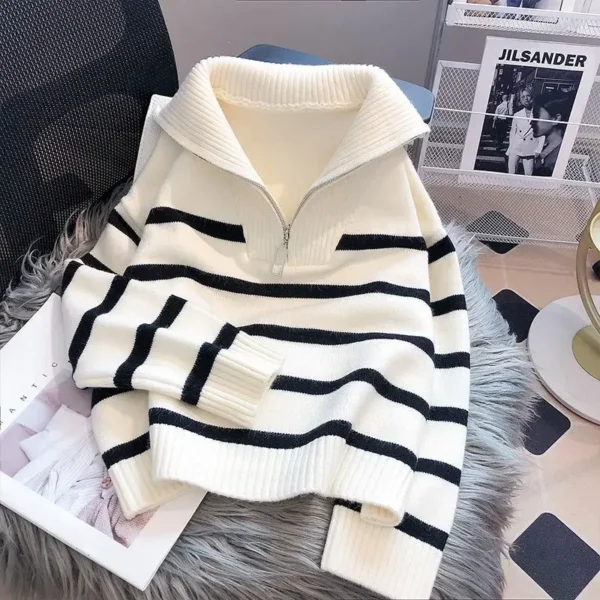 Pulôver feminino primavera e outono, estilo curto, com zíper, listrado e premium. - Imagem 2