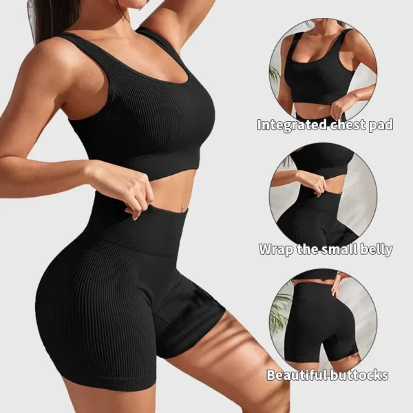 Conjunto feminino canelado para treino, top cropped e shorts de cintura alta. - Imagem 6