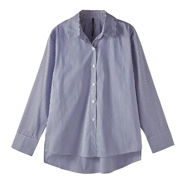Blusa feminina listrada, manga bufante e gola alta. - Imagem 5