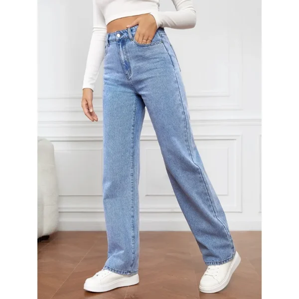 Jeans feminino, cintura alta, reta, stretch e lavada. - Imagem 2