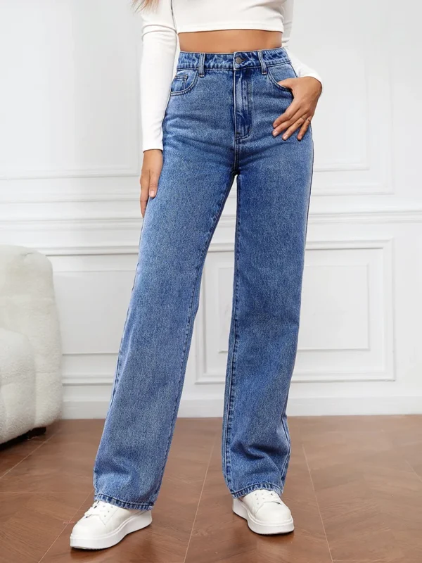 Jeans feminino, cintura alta, reta, stretch e lavada. - Imagem 7
