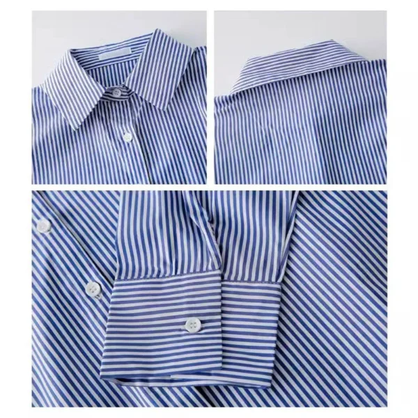 Blusa feminina listrada, manga bufante e gola alta. - Imagem 6