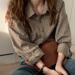 Camisa xadrez feminina, retrô, manga longa